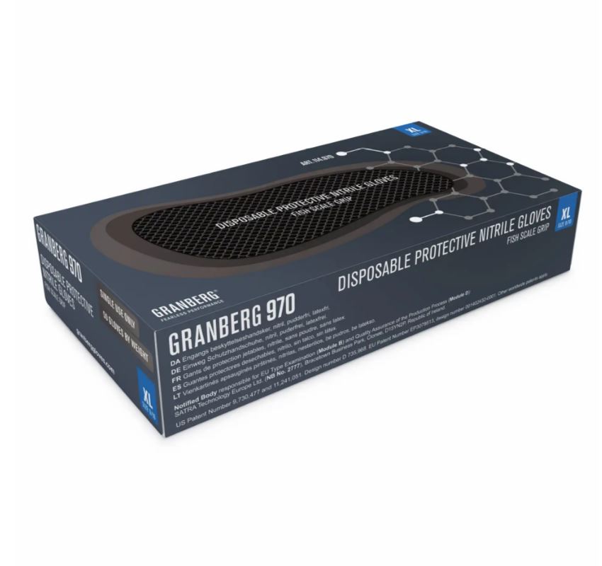 Guantes desechables negro Granberg 970, con acabado escamado para máximo agarre, alta resistencia, grosor 0,15 mm, caja de 50 uds.