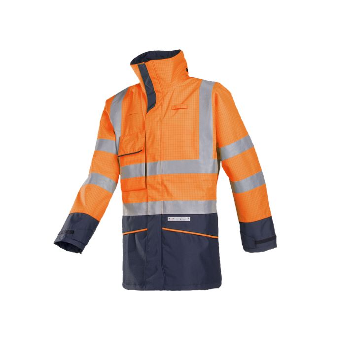 Parka Sioen Hedland ignífuga antiestática alta visibilidad, impermeable y transpirable, protección limitada prod. químicos.