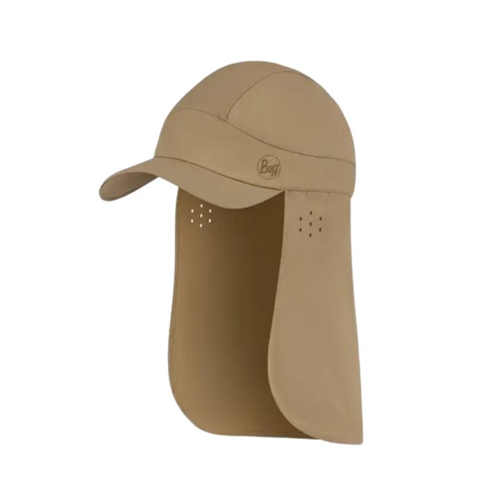 Gorra con cubrenucas Buff Pack Bimini Cap, protección solar UPF50+, 100% poliéster reciclado de máxima ligereza y transpirabilidad, banda antisudor, perforaciones láser en los oídos.
