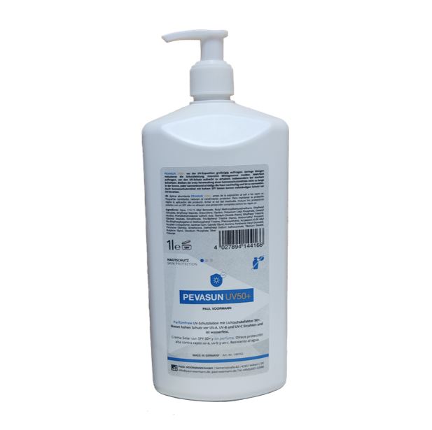 Crema de protecció solar Pevasun UV50+ UV-B UV-C 1L, envàs d'un litre amb dosificador manual (no cal fer servir dosificador de paret)