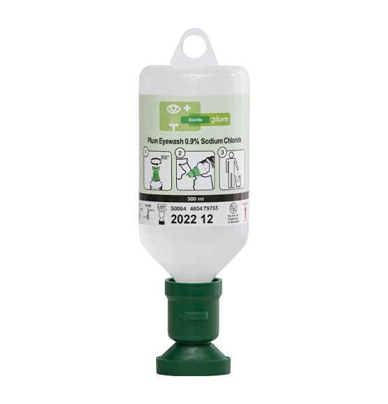 Botella lavaojos PLUM 4604 para partículas 500 ml. solución salina.