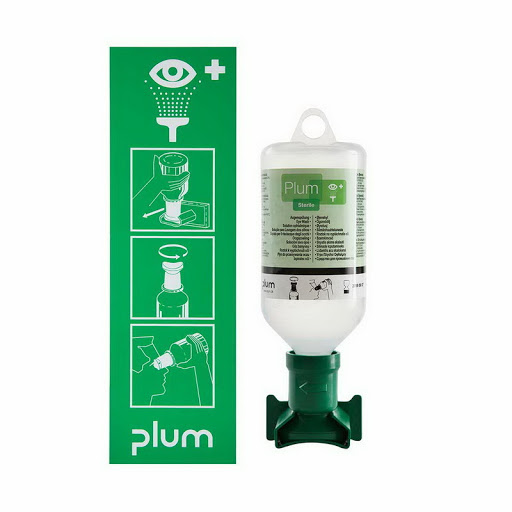 Estación lavaojos de pared abierta PLUM con 1 botella de 500ml solución salina