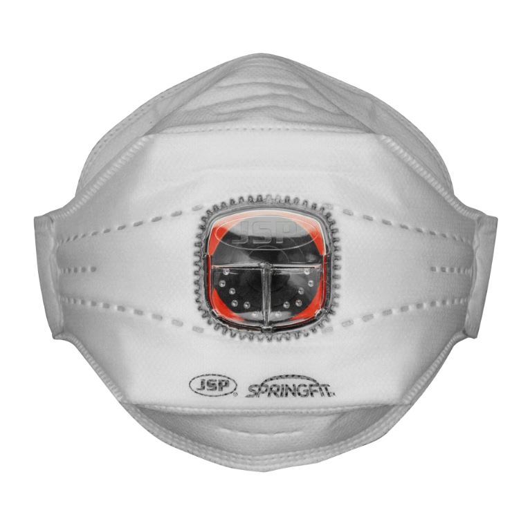 Mascarilla JSP Springfit 435 FFP3 con válvula Typhoon, endoesqueleto para conservar la forma (Caja 10 uds)