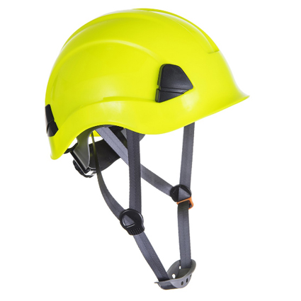 Casco para trabajos en altura en ABS sin visera, barbuquejo 4 puntos integrado.