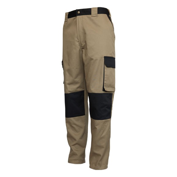 Pantalón multibolsillos combinado beige/negro, refuerzo en rodilleras.